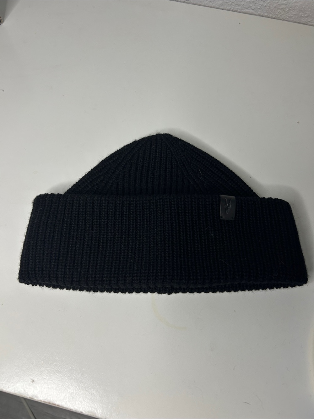 All Saints Black Ribbed Cuff Beanie with Logo Tag